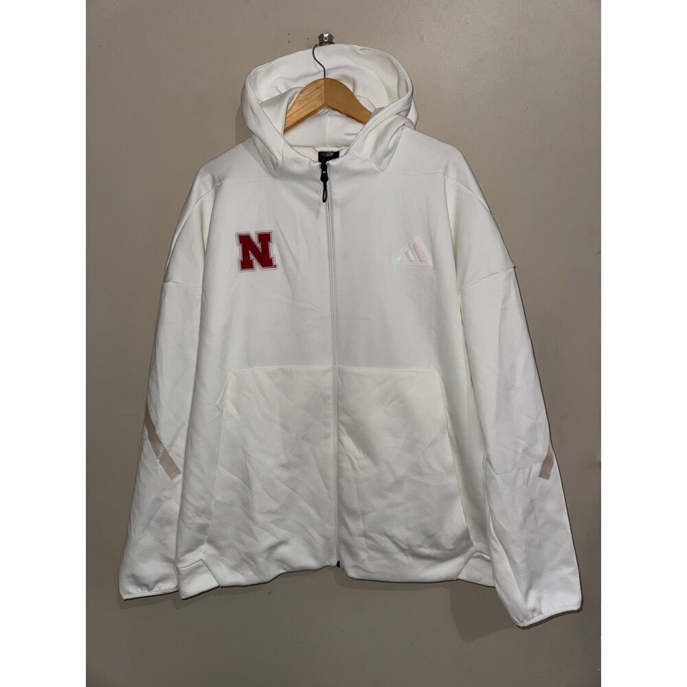 Men 2XL Adidas Nebraska Cornhuskers Football ZNE FZ Hoodie White KR0006 NCAA NEW